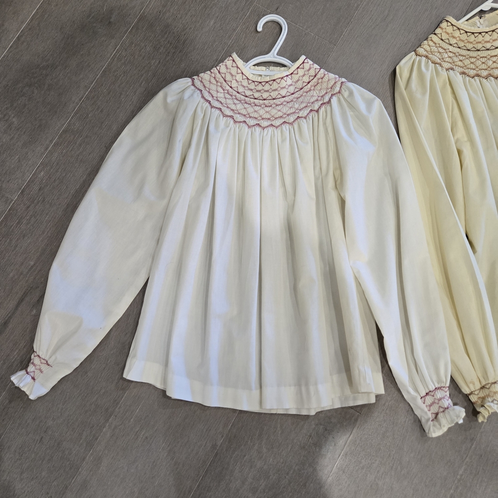Vintage Cream Peasant Blouse with Pink Hand-Smocked Neckline and Cuffs | one Sz